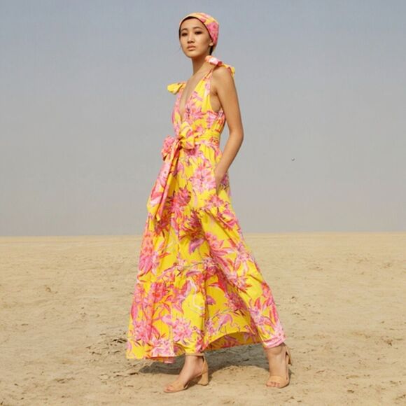 Banjanan Carnation Flamingo‎ Rhododendron Ruffle Maxi Dress Size Small Yellow - Picture 1 of 13